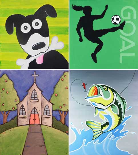 Dog, Soccer, Church, Fish painting